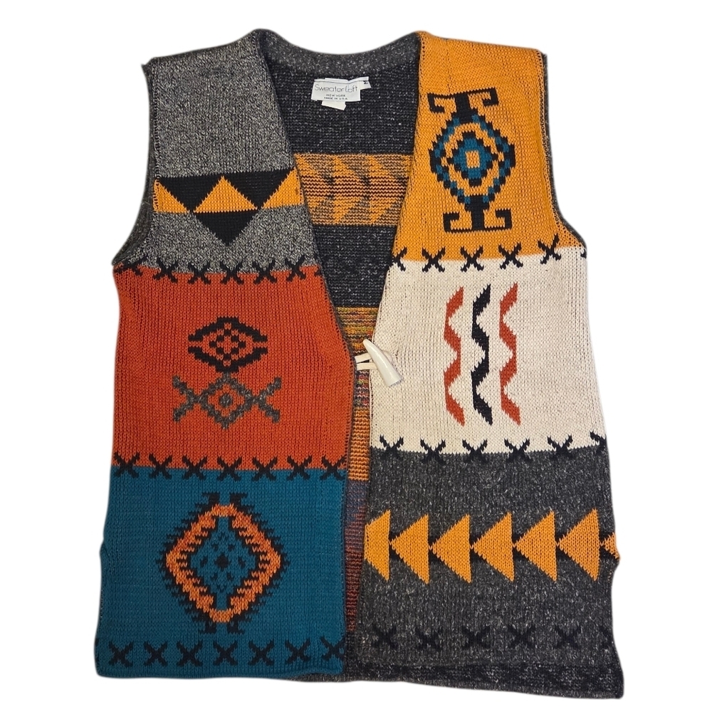 Vintage Cotton Sweater Loft Vest Aztec Country Western Cowboy Horse Medium USA